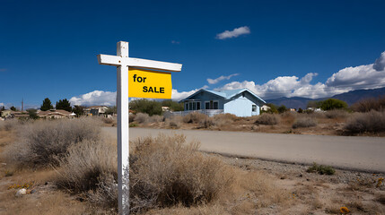 Desert Property Real Estate Market: For Sale Sign in the Mojave Desert with Residential Homes and a Blue Sky, Opportunity on Rural Land