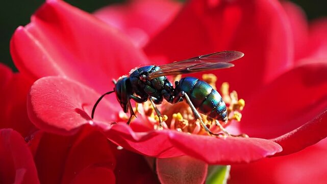 Stunning Close-up of a Metallic Blue Cuckoo Wasp on a Vibrant Red Flower Petal