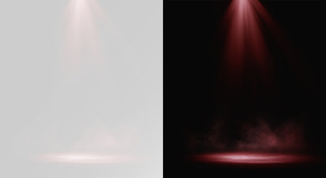 Realistic red spotlight beam with smoke and floor reflection isolated on transparent and black background overlay effect png