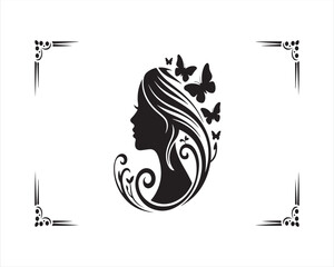 Elegant woman profile silhouette with decorative swirl hair and butterflies, feminine beauty and nature concept, stylish ornamental female vector illustration with frame design isolated on white backg