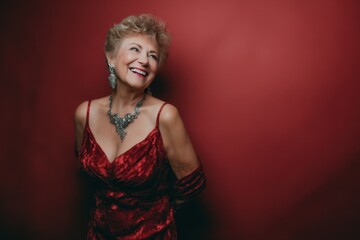 Fototapeta premium Playful senior woman as a fashion model: colorful background, glamorous jewelry, elegant evening wear