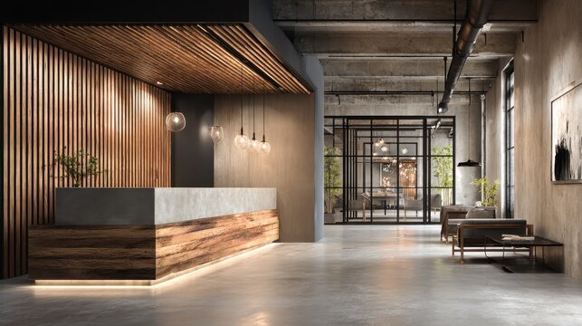 Modern loft style office reception with concrete counter and wood slat wall