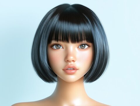 Young female character with blunt bob hairstyle and large expressive eyes, showcasing smooth skin and a neutral background, ideal for character design or illustration projects
