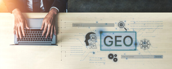 Obraz premium Digital marketing concept featuring GEO strategy. Generative AI search visual shows GEO interface integrating intelligence, logic, and AI input system for prompt tasks. Corpus