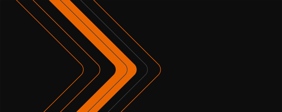 Black abstract wide horizontal banner with orange and gray lines, arrows, and angular shapes in modern sporty futuristic style.