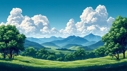 Obraz premium Idyllic Landscape with Lush Green Rolling Hills, Distant Blue Mountains, and Dramatic White Cumulus Clouds under Clear Sky, Evoking Peace and Serenity