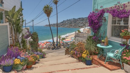 Fototapeta premium Charming seaside pathway leads downhill toward a sunlit sandy beach bordered by colorful foliage.
