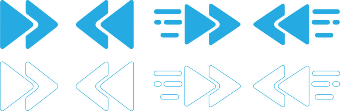 Set of cyan arrows and rewind signs on transparent background for design elements