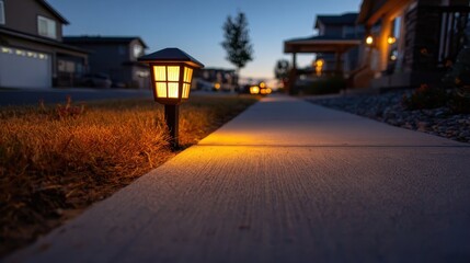 Obraz premium Small solar-powered LED path light with motion sensor along a residential sidewalk at dusk
