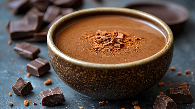 Warm and inviting bowl of rich hot chocolate or creamy chocolate dessert, generously topped with finely chopped chocolate pieces and dusting of cocoa powder, surrounded by dark chocolate chunks on rus
