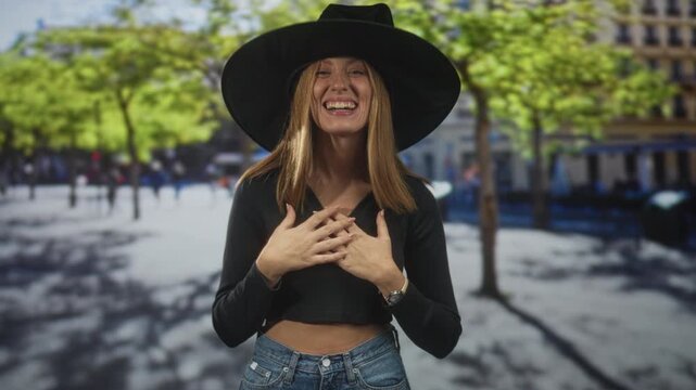 Young redhead woman wearing a witch hat and cropped top, hands crossed on chest laughing on a city street; playful joy.