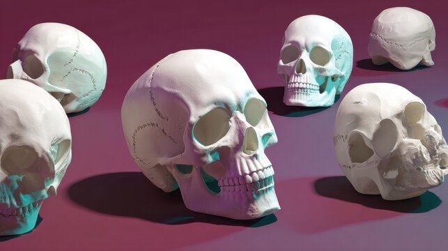 Multi-angle 3D rendered white skulls set against a rich color gradient for a Halloween horror concept