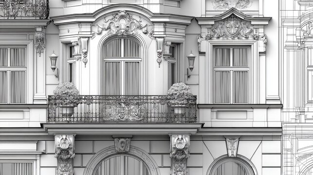 Detailed architectural wireframe rendering showcases elaborate classical building facade elements
