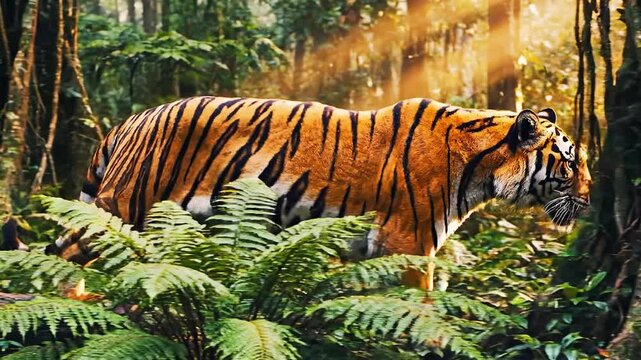 Majestic Bengal Tiger Walking Through Dense Jungle at Sunset