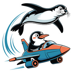 Fototapeta premium Penguin piloting jet with seal jumping above in playful cartoon scene, dynamic water splashes and speed lines