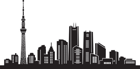 Obraz premium Black city silhouette featuring modern skyscrapers and a prominent communication tower