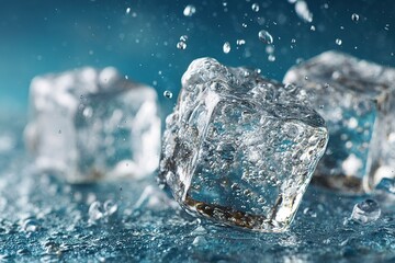 Obraz premium Underwater shot of crystal clear ice cubes falling into blue water