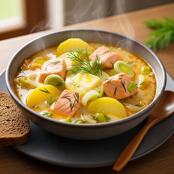 Delicious salmon chowder with potatoes.