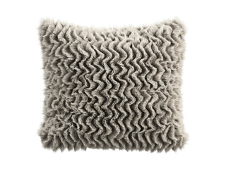 Beige gray shaggy faux fur pillow isolated PNG, square fluffy cushion with vertical zigzag fur pattern, soft plush decorative home decor element
