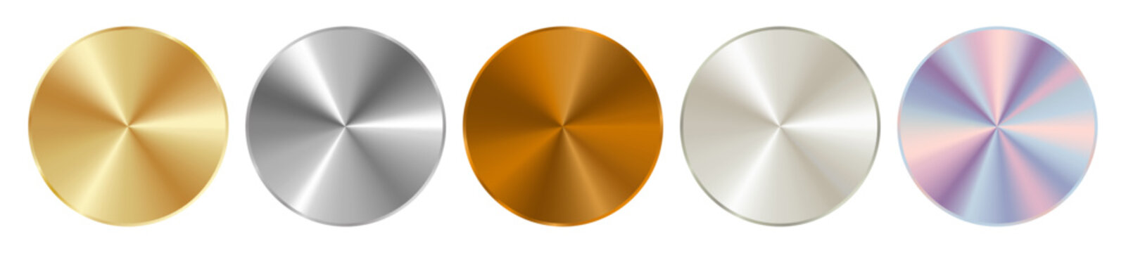 Metallic radial gradient set combining shades of silver, gold, mother-of-pearl, bronze and aluminum with chrome highlights, holographic effect and steel. Vector smooth glossy texture