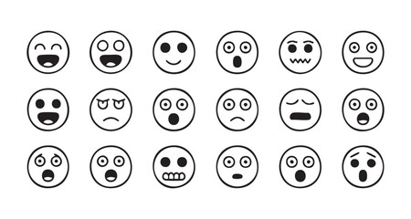 Large array of facial expressions showing shock laughter and fear in minimalist black line art icons