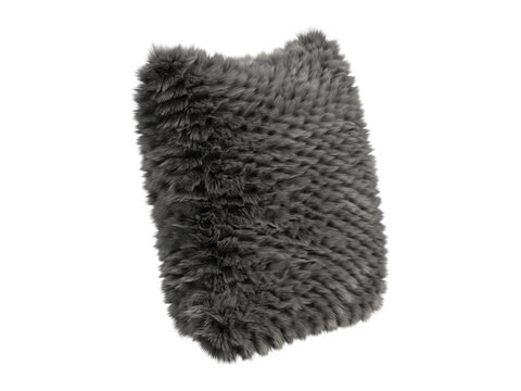 Dark gray shaggy faux fur pillow isolated PNG, square fluffy cushion with radial tuft fur pattern, soft plush decorative home decor element