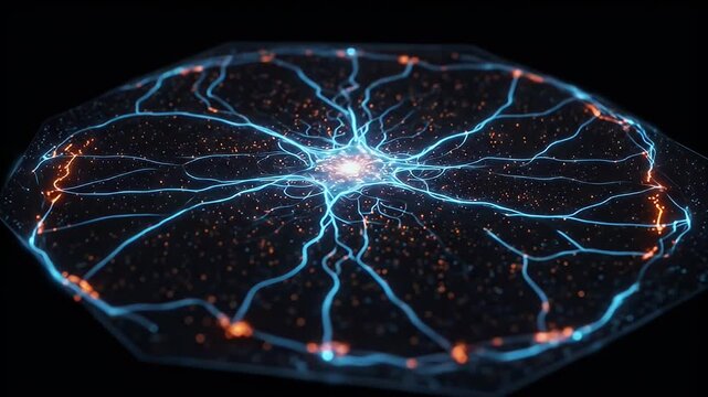 Octagonal grid showing electric current in blue, surrounded by orange particles, on black