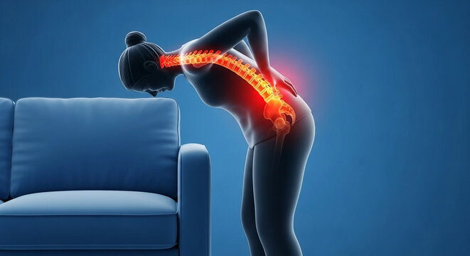 Woman with glowing spine pain bends over blue sofa back