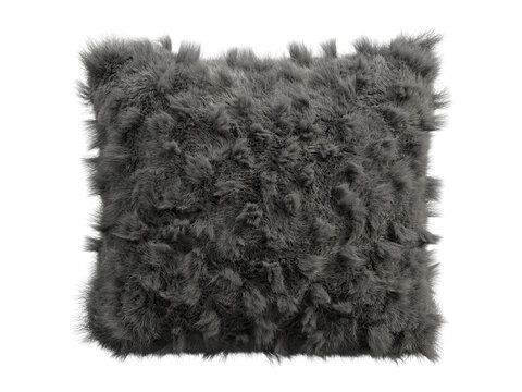 Dark gray shaggy faux fur pillow isolated PNG, square fluffy cushion with irregular tufted fur clusters texture, soft plush decorative home decor element