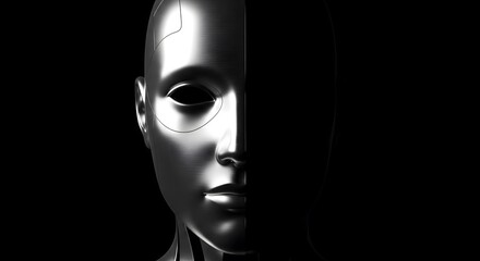 Half human, half machine face representing artificial intelligence and futuristic concepts. © Shraddha