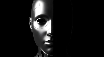 Half human, half machine face representing artificial intelligence and futuristic concepts. © Shraddha