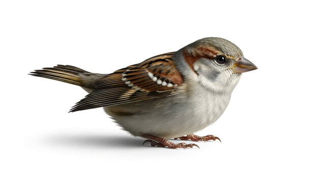 A detailed studio portrait of a small, common house sparrow perched on a white background, showcasing its intricate feather patterns and alert posture, perfect for nature and wildlife enthusiasts