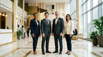 Fototapeta premium Modern Business Elegance: A group of four stylish professionals exudes confidence as they pose inside a contemporary, light-filled lobby. The scene speaks of prestige and successful enterprise.