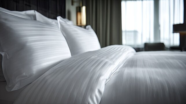 Close up of freshly made bed with white pillows and bedding in a hotel room