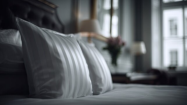 Elegant bedroom interior with pillows on bed near window natural light