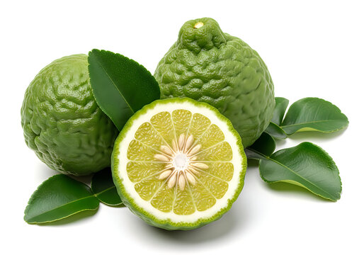 Fresh green kaffir limes with leaves and half cut