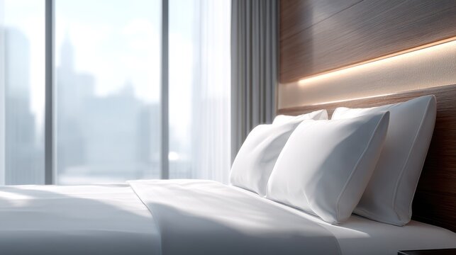Modern hotel bedroom with white bed and large window with daylight