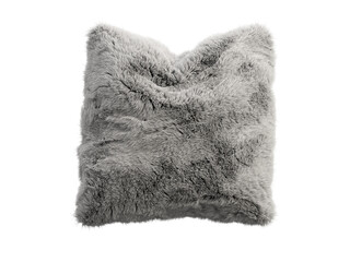 Fototapeta premium Light gray shaggy faux fur pillow isolated PNG, square fluffy cushion with wavy brushed fur texture, soft plush decorative home decor element