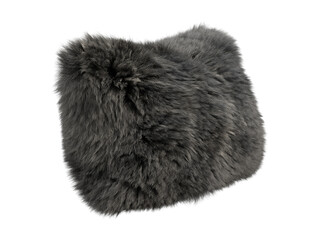 Charcoal shaggy faux fur lumbar pillow isolated PNG, rectangular fluffy cushion with long plush fur texture decorative home decor element
