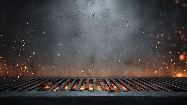 Empty cast iron grill grate with burning fire and smoke, barbecue background