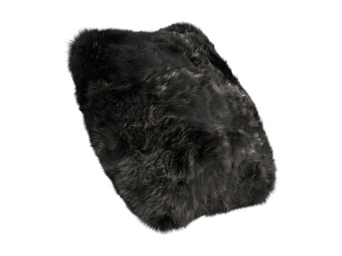 Black shaggy faux fur square pillow isolated PNG, fluffy decorative cushion with long plush fur texture decorative home decor element