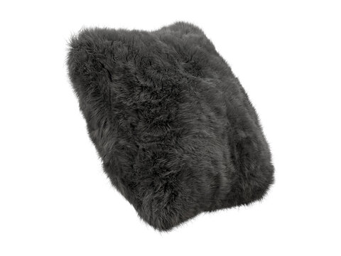 Dark gray shaggy faux fur square pillow isolated PNG, fluffy decorative cushion with long plush fur texture decorative home decor element