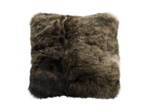 Dark brown shaggy faux fur square pillow isolated PNG, fluffy decorative cushion with long plush fur texture decorative home decor element