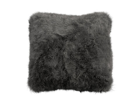 Dark gray shaggy faux fur square pillow isolated PNG, fluffy decorative cushion with long plush fur texture decorative home decor element