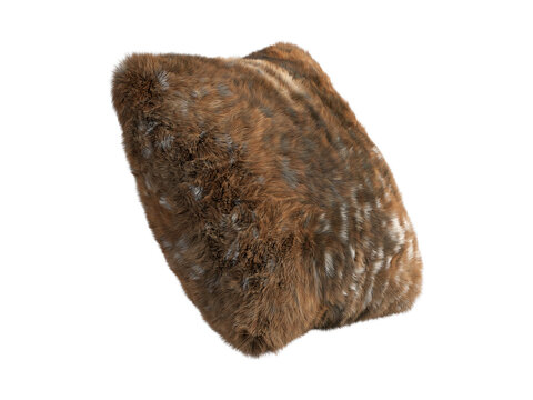 Brown shaggy faux fur square pillow isolated PNG, fluffy decorative cushion with long plush fur texture decorative home decor element