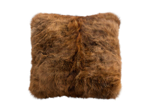 Brown shaggy faux fur square pillow isolated PNG, fluffy decorative cushion with long plush fur texture decorative home decor element