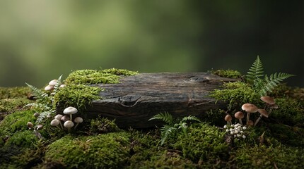 Fototapeta premium Forest floor scene with moss covered log and mushrooms growing around it in a natural environment from a low viewpoint.
