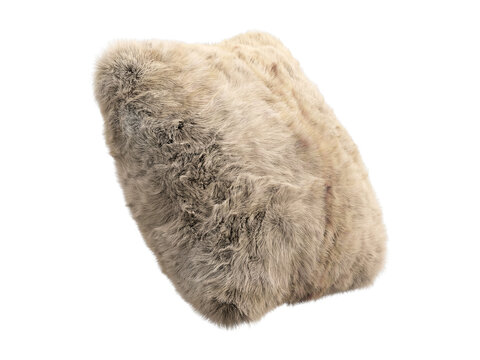 Beige shaggy faux fur square pillow isolated PNG, fluffy decorative cushion with long plush fur texture for interior decor