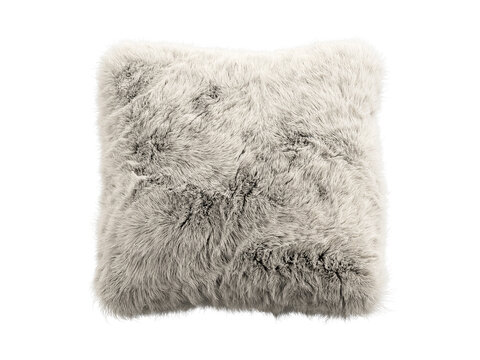 Light beige shaggy faux fur square pillow isolated PNG, fluffy decorative cushion with long plush fur texture for interior decor