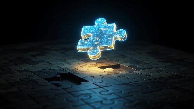 Glowing puzzle piece hovering over a missing piece in an assembled puzzle on black